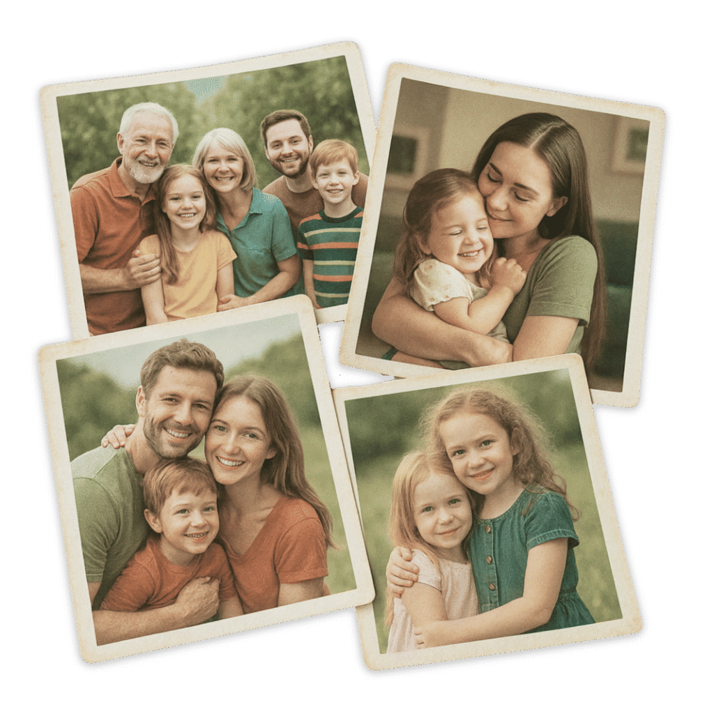 Four faded family snapshots with white borders, the kind of prints we scan to digital