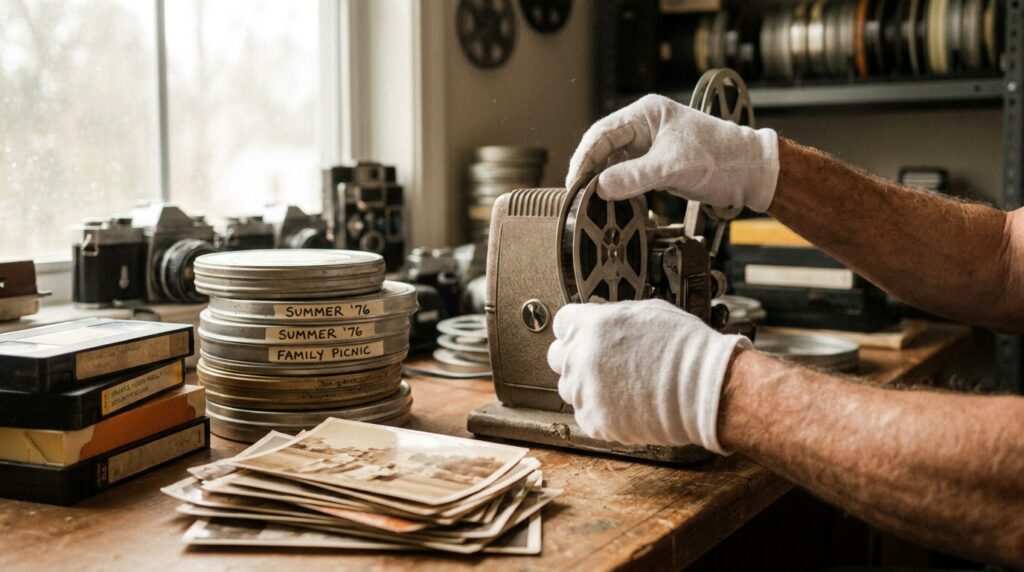 Gloved hands threading a home-movie reel for transfer, with film cans and family photos on the bench