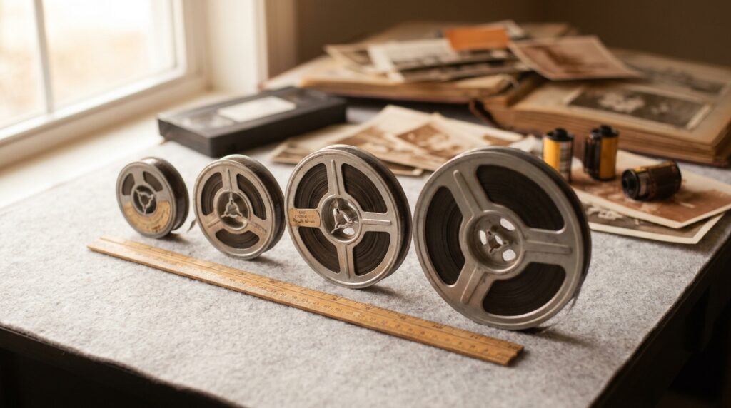 Four film reels of increasing diameter lined up beside a ruler on a light gray surface