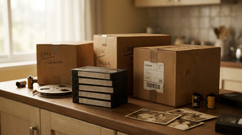 Sealed shipping carton beside loose VHS cassettes on a counter under even studio light