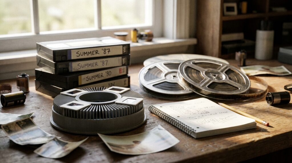 Slide carousel, stacked VHS tapes and two film reels on a workbench next to a notepad