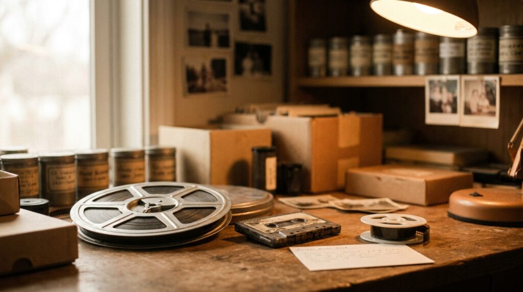 Film reel and audio cassette on a lab bench beside a scanner spool under warm light