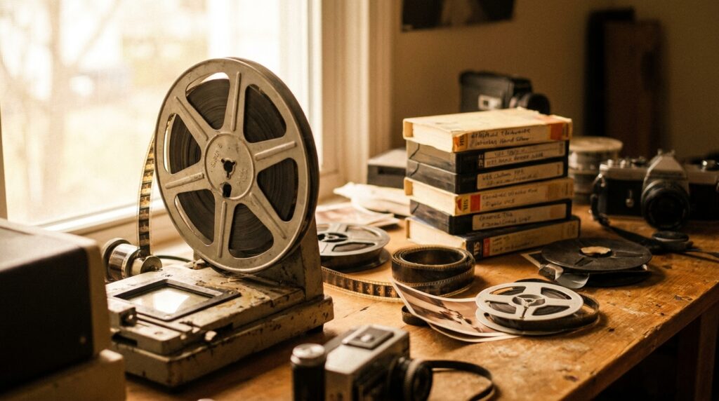 Small Super 8 film reel mounted at a scanner gate next to labeled VHS tapes on a workbench