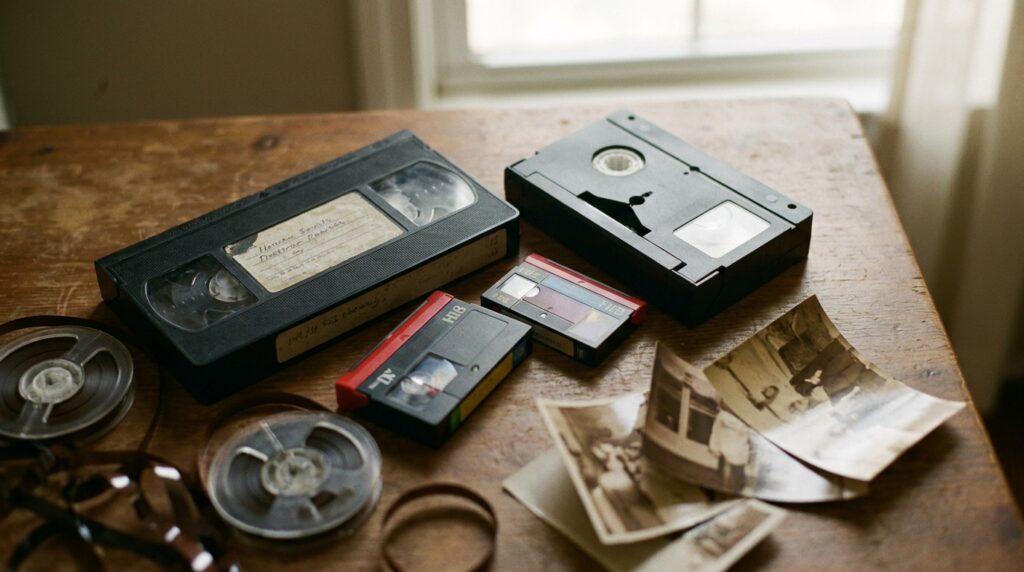 Overhead view of VHS, VHS-C, Hi8 and MiniDV cassettes arranged on a plain surface