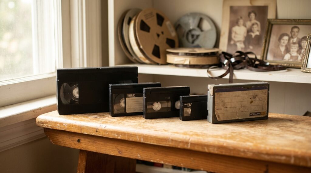 VHS, VHS-C, Hi8, MiniDV and Betacam cassettes lined up on a bench to show relative size